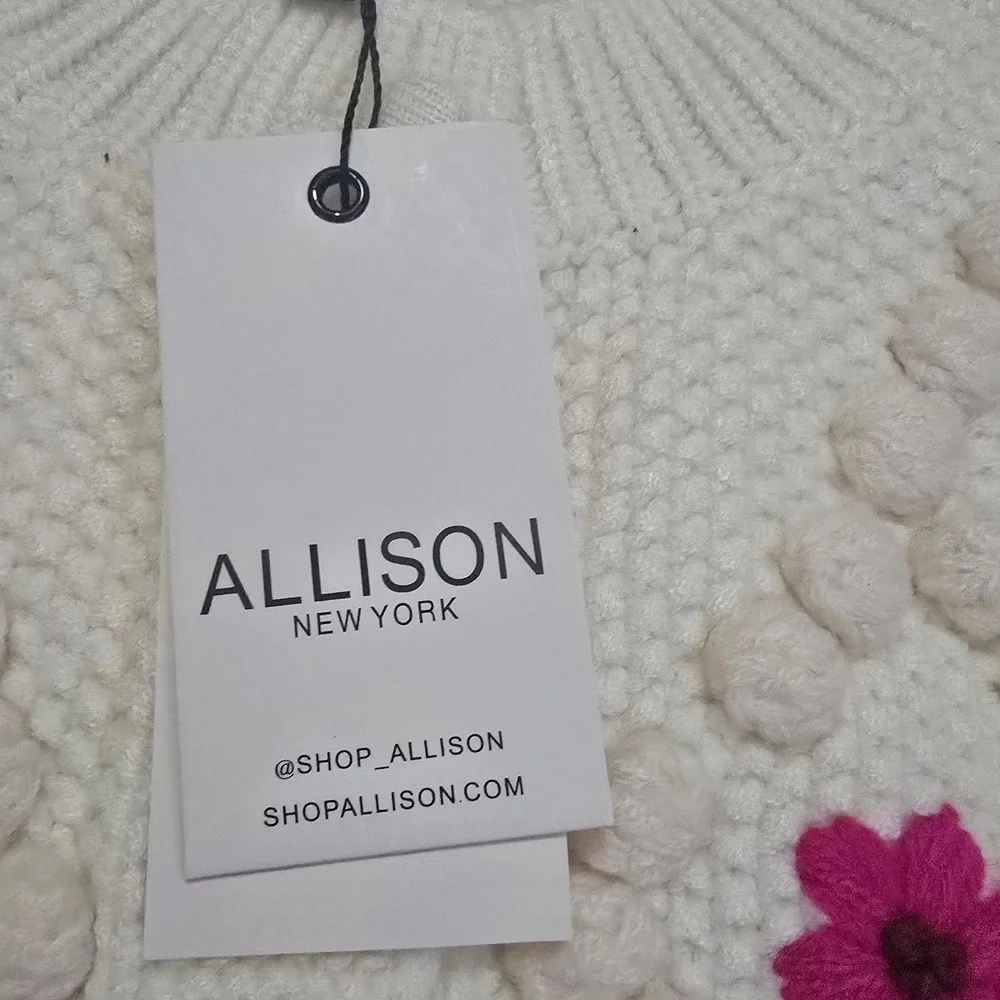 Allison New York Cottagecore Embroidered Pom Cardigan Cream Floral Sweater Small
